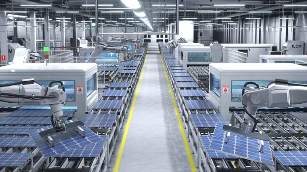 Automatized robotic arms in cutting edge solar panel warehouse handling photovoltaic modules in high tech process. Solar cells manufactured in green energy facility, 3D illustration