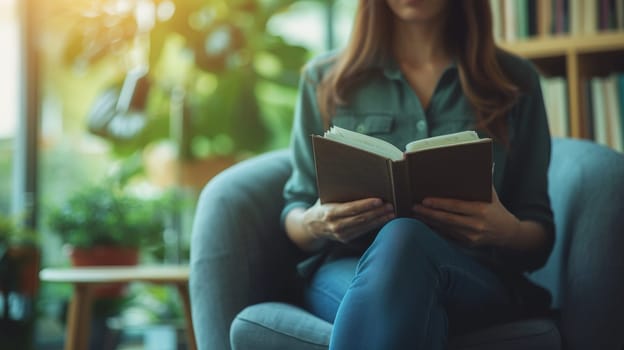 A woman sitting in a chair reading a book