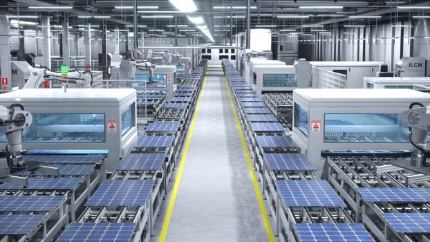 Solar panels being moved on conveyor belts during high tech production process in clean energy factory, 3D rendering. PV models used to produce alternative electricity being placed on assembly lines