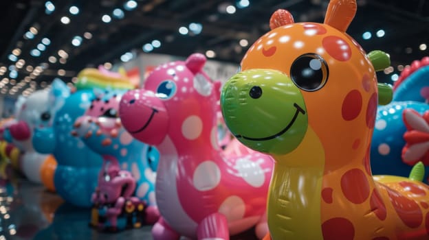 A group of inflatable animals are lined up in a row
