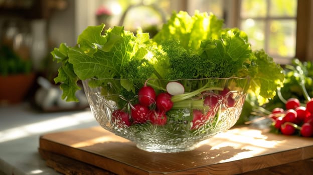 A glass bowl filled with radishes and lettuce on a wooden cutting board