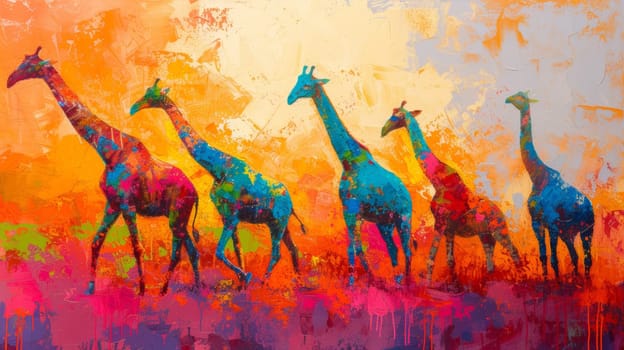 A painting of a group of giraffes walking in an open field