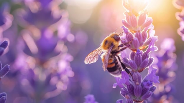 A bee is on a purple flower with the sun behind it