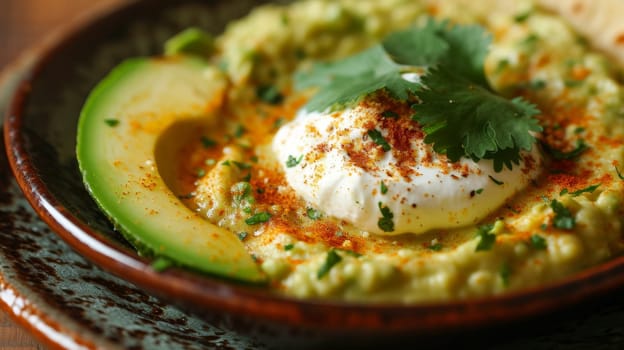 A bowl of food with avocado and cilantro on top