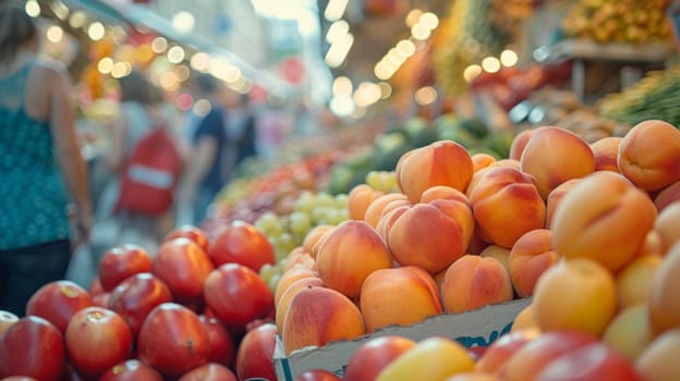 A bunch of fruit is on display at a farmers market