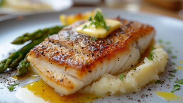 A close up of a plate with fish, asparagus and potatoes