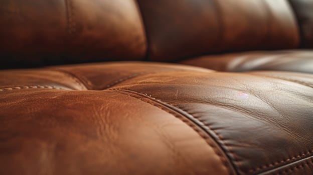 A close up of a brown leather couch with some stitching