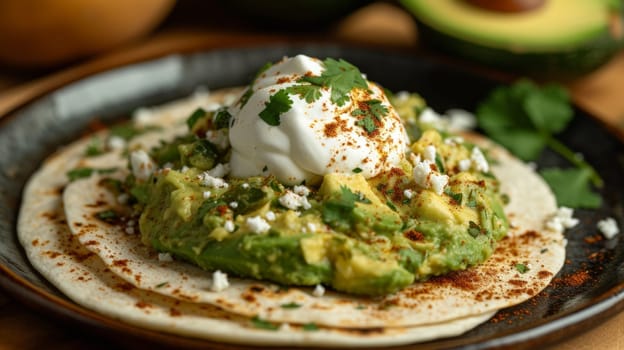 A plate of a tortilla with avocado and cilantro on it