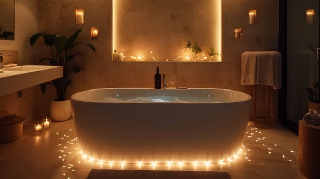 A bathtub lit up with lights in a bathroom