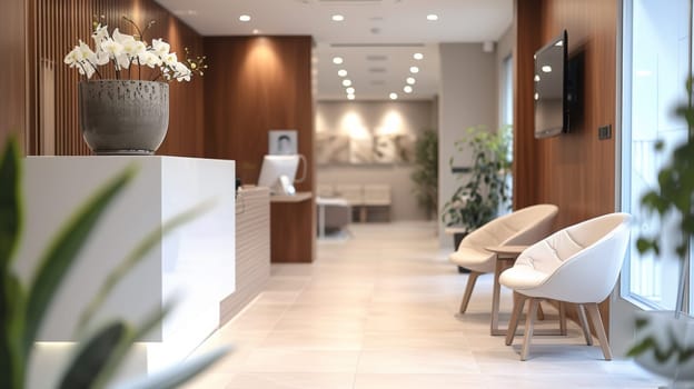 A lobby with a potted plant and chairs in front of it