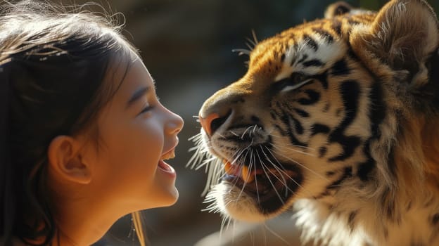 A young girl smiling at a tiger that is close to her