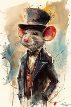 A painting of a rat wearing top hat and jacket