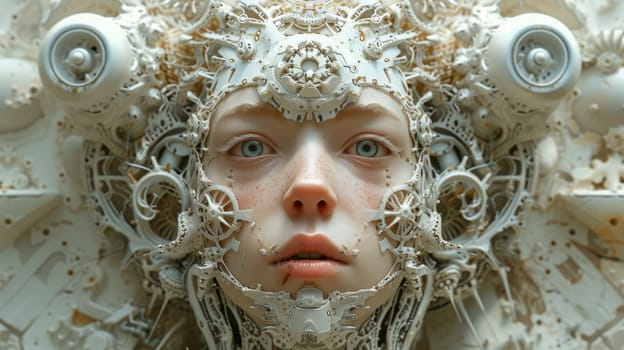 A close up of a face made out of gears and other things