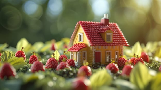 A miniature house sitting in a field of raspberries