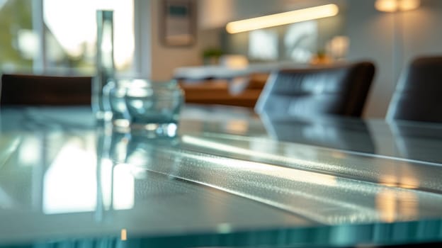 A glass table with a vase on it and some chairs