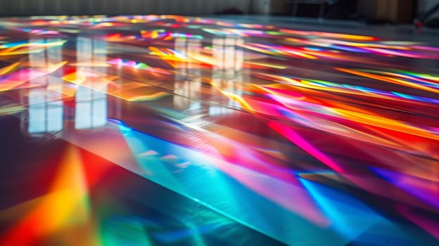 A colorful stained glass floor with a reflection of three windows