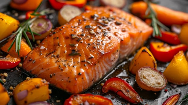 A close up of a piece of salmon with vegetables on it