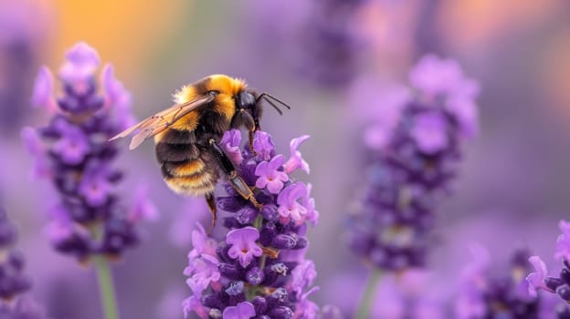 A bee is on a purple flower with other flowers in the background