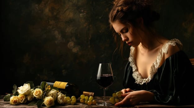 A woman sitting at a table with wine and grapes