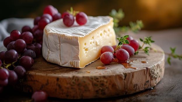 A cheese and grapes on a wooden board with some leaves