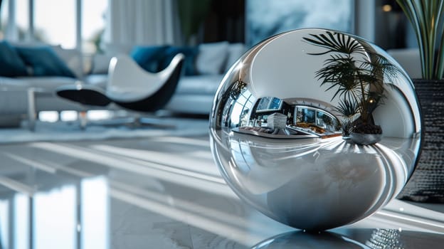 A shiny silver ball on a white floor in front of a couch