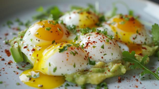 A plate topped with eggs and garnished with parsley