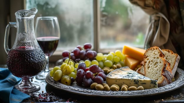 A plate of cheese, grapes and bread with a glass of wine