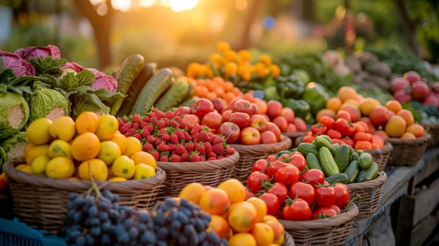 A display of a variety of fruits and vegetables are displayed