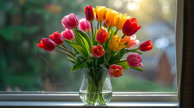 A vase of a glass filled with colorful flowers sitting on top of the window sill