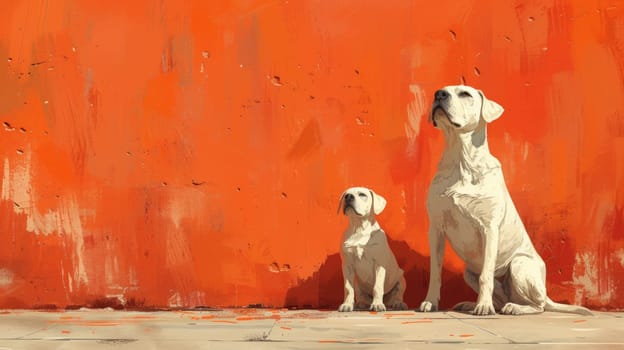 Two white dogs sitting on the ground next to a wall
