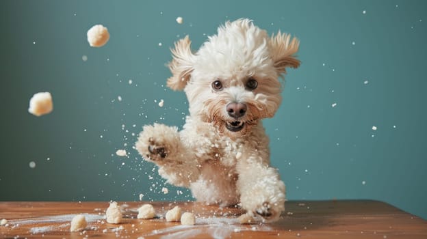 A small white dog jumping up and down on a table