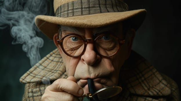 A man in hat and glasses smoking a pipe with his mouth open