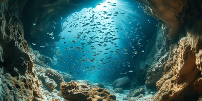 A large group of fish swimming in a cave