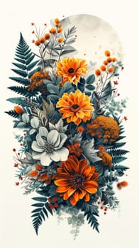 A painting of a bunch of flowers and leaves on white background