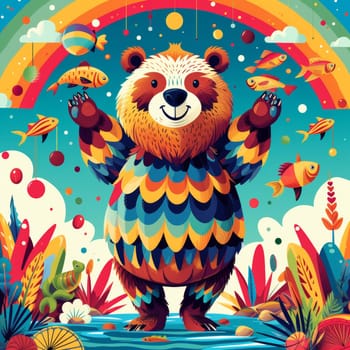 A colorful illustration of a bear with rainbow colors and fish