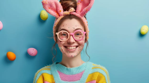 A woman with bunny ears and a pink bow on her head