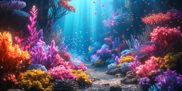 An underwater scene with colorful coral and fish