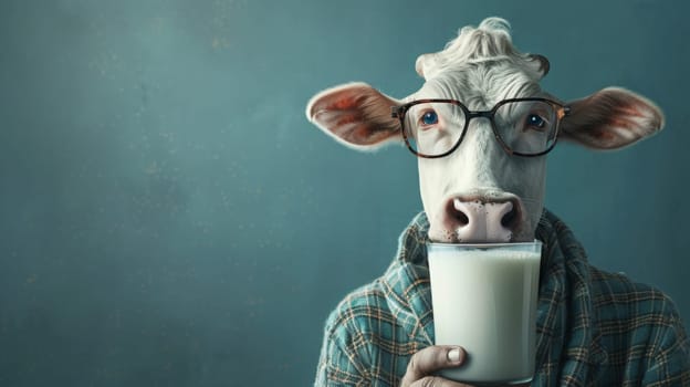 A cow wearing glasses and a sweater drinking milk