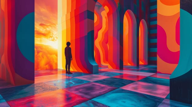 A person standing in a colorful room with an abstract background