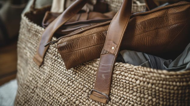 A large woven basket with a brown leather bag inside