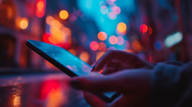 A person holding a cell phone in front of blurry lights