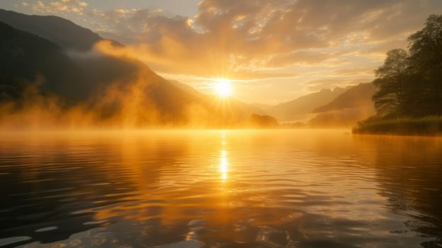 A lake with mist rising from the water and a sun setting