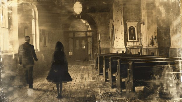 A man and woman walking down a church aisle in the dark