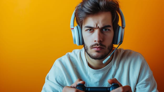 A man with headphones playing a video game on his computer