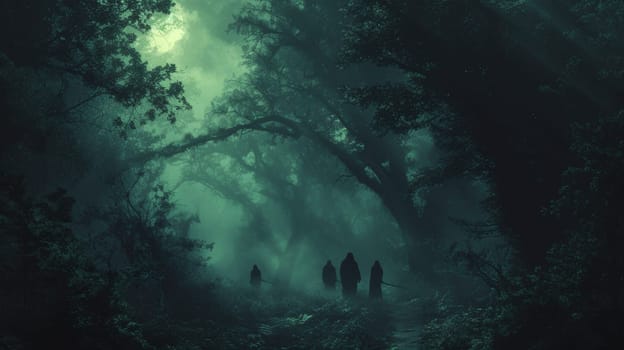 Three people walking through a forest with trees and fog