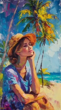 A painting of a woman in hat sitting on the beach