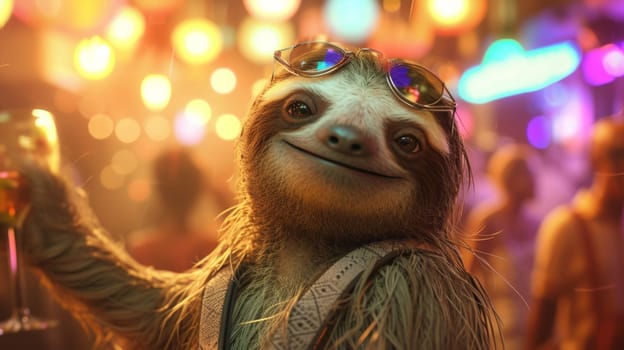 A sloth wearing sunglasses and holding a drink in his hand