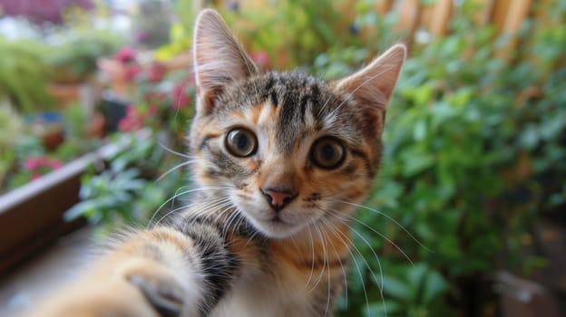 A cat is looking at the camera with its paw extended