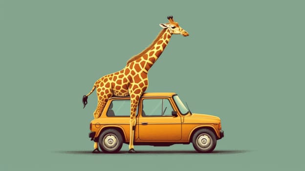 A giraffe standing on top of a small car with its head sticking out