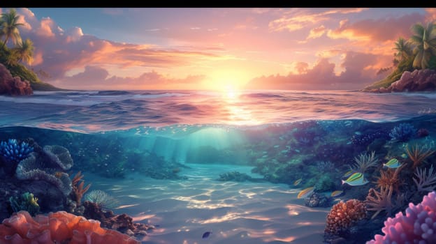 A beautiful underwater scene with a sunset and coral reef